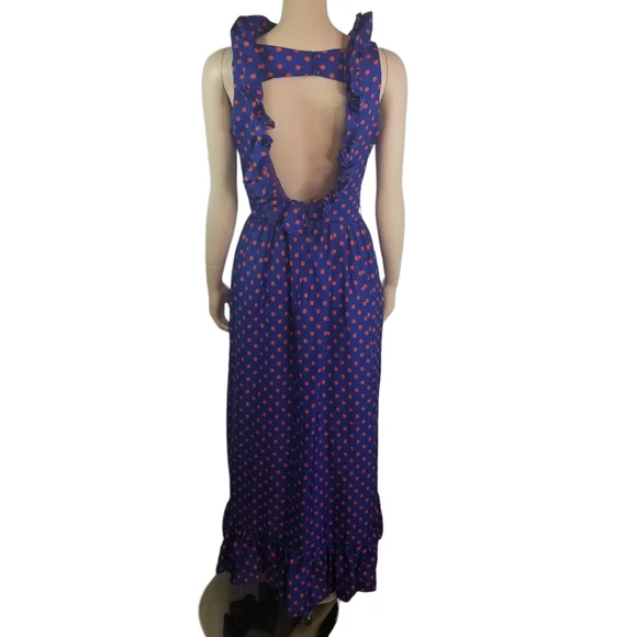 Vtg 70s Julie Miller polka dot cut out back ruffle maxi dress - Picture 2 of 10